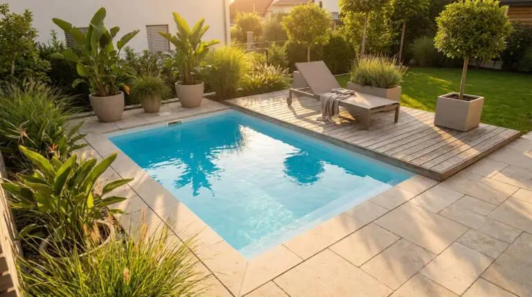A photorealistic image of a modern mini-pool with clear blue water, surrounded by stone tiles, wooden deck, potted plants, and a lounge chair under warm sunlight.
