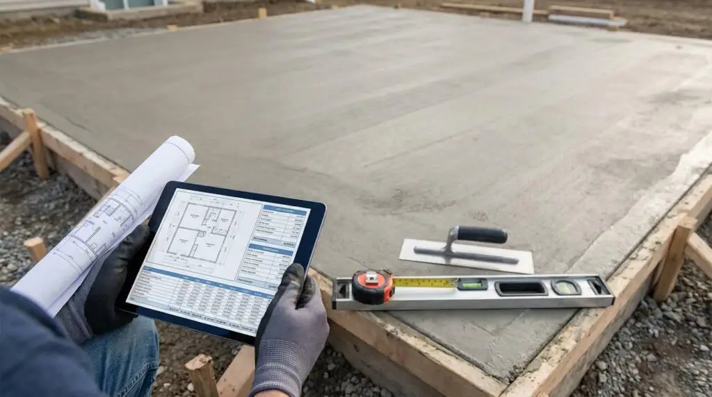 Hands review digital plans and cost estimates for a concrete slab project, with tools and a fresh slab in the background.