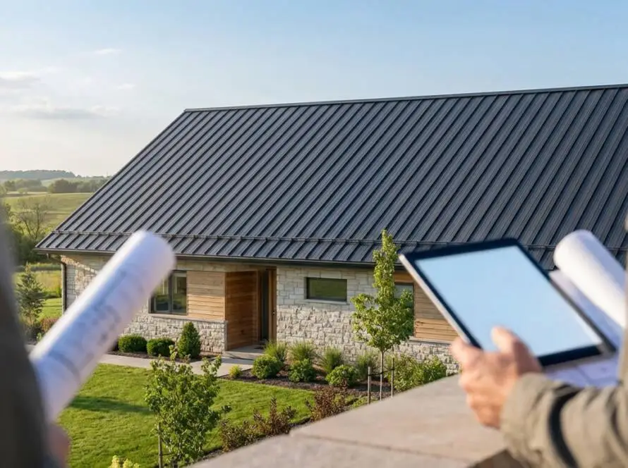 Elevated view of a modern house with a dark grey steel roof. A hand holds a tablet and blueprint in the foreground, suggesting project planning.