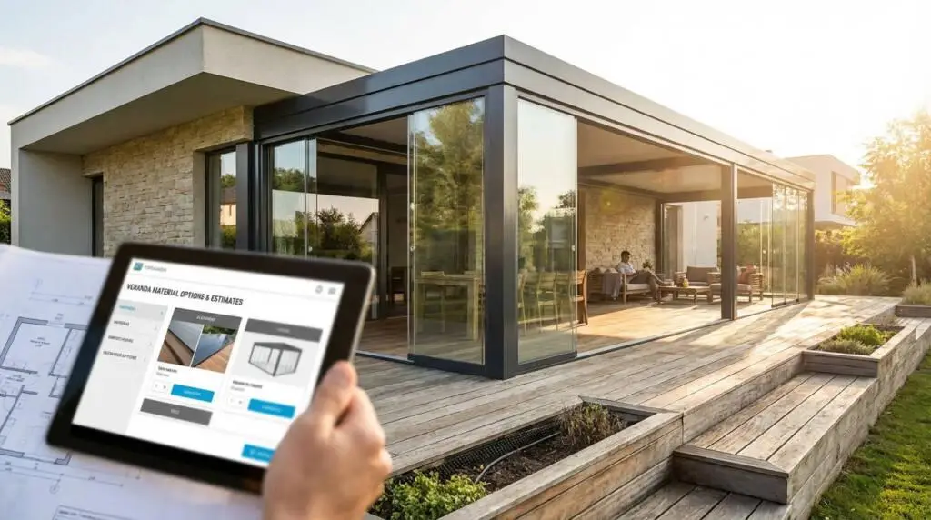 Hand on tablet showing veranda options and estimates, with a modern house and glass veranda in warm daylight.