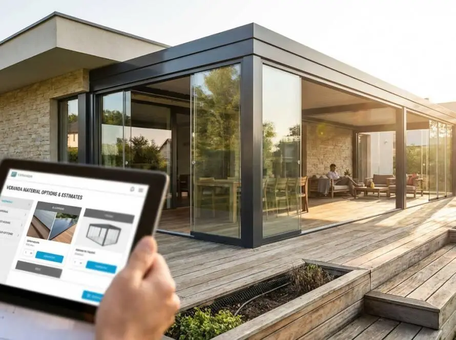 Hand on tablet showing veranda options and estimates, with a modern house and glass veranda in warm daylight.