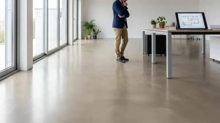 Man evaluating a sleek, light grey polished concrete floor in a modern, sunlit interior with a project plan on a tablet.