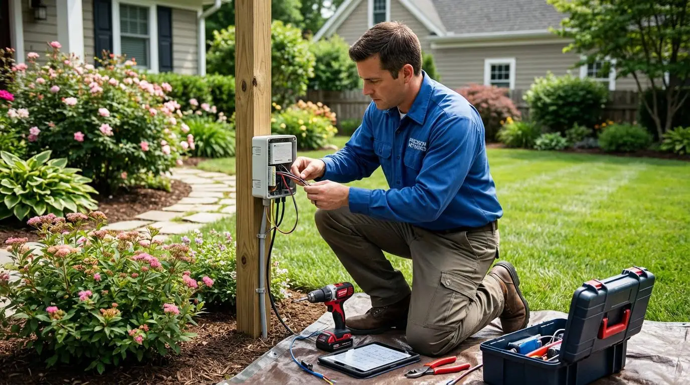 Installation professionnelle d'une micro-station d'épuration dans un jardin résidentiel