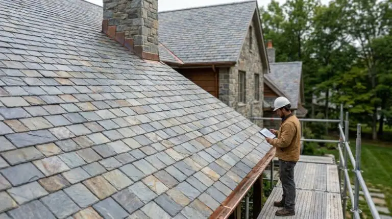 A professional in a hard hat inspects a beautifully crafted residential slate roof, highlighting its varied grey-blue textures under natural light.
