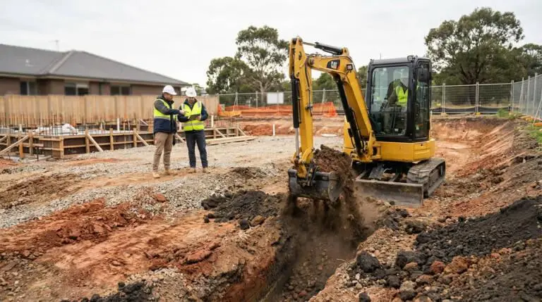 Yellow mini-excavator digging soil on a construction site. Two workers in hard hats and vests discuss plans near a new foundation.