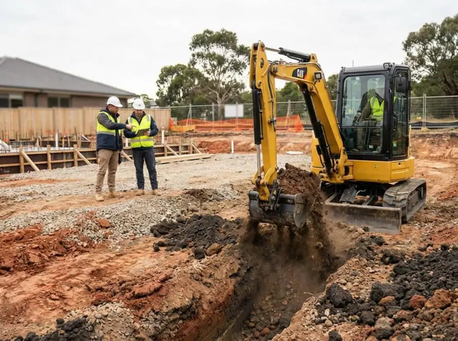 Yellow mini-excavator digging soil on a construction site. Two workers in hard hats and vests discuss plans near a new foundation.