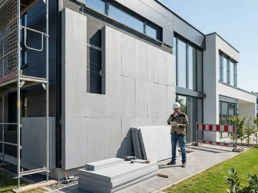 Man in hard hat reviews tablet by modern house facade with grey thermal insulation panels being installed; scaffolding on left.