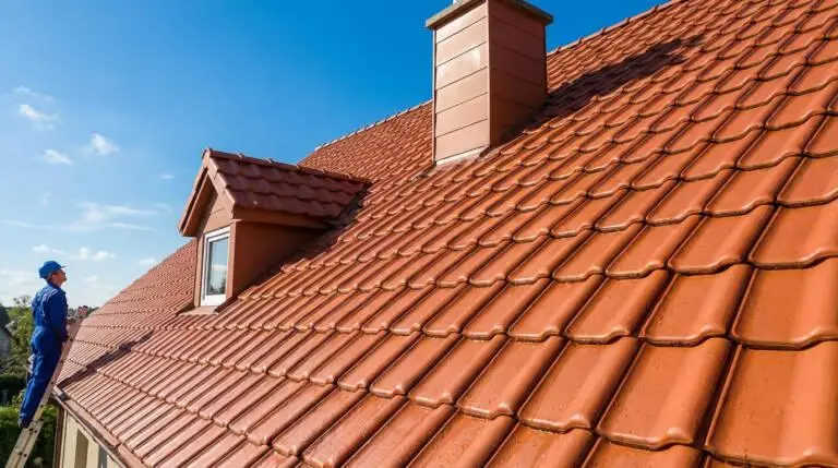 A professional inspects a clean, terracotta tiled roof with water beading, under a clear blue sky.