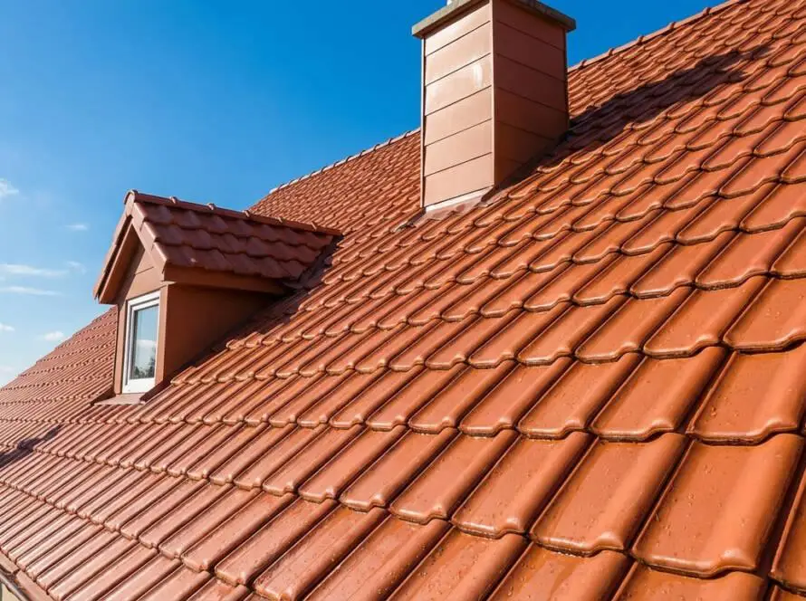 A professional inspects a clean, terracotta tiled roof with water beading, under a clear blue sky.