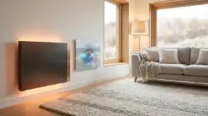 Intérieur moderne avec canapé, radiateur design rétroéclairé et écran intelligent affichant des données énergétiques.