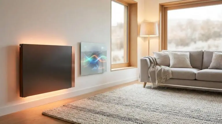 Intérieur moderne avec canapé, radiateur design rétroéclairé et écran intelligent affichant des données énergétiques.